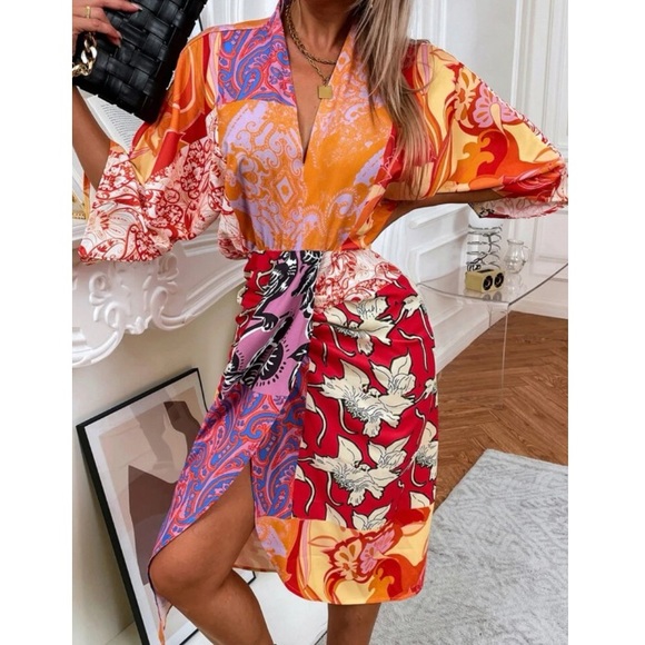 Boho floral print  V neck batwing sleeve dress - Picture 5 of 5